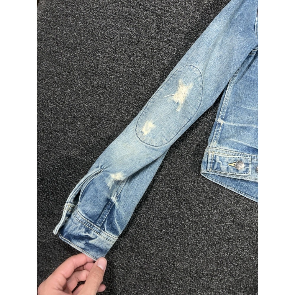 Free People Denim Trucker Jacket Women's 2 Boho Patchwork Aztec Distressed - Picture 6 of 9